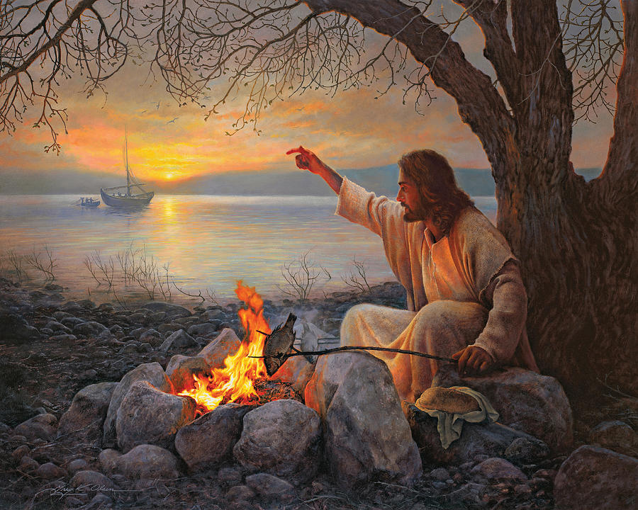 魚を焼くイエス・キリスト油絵